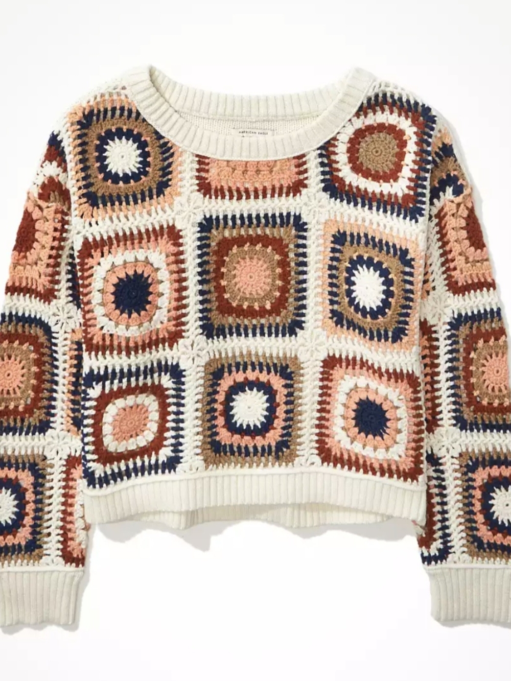 AE Crochet Patchwork Granny Square Crewneck Sweater - Cream Multi NWOT Size L